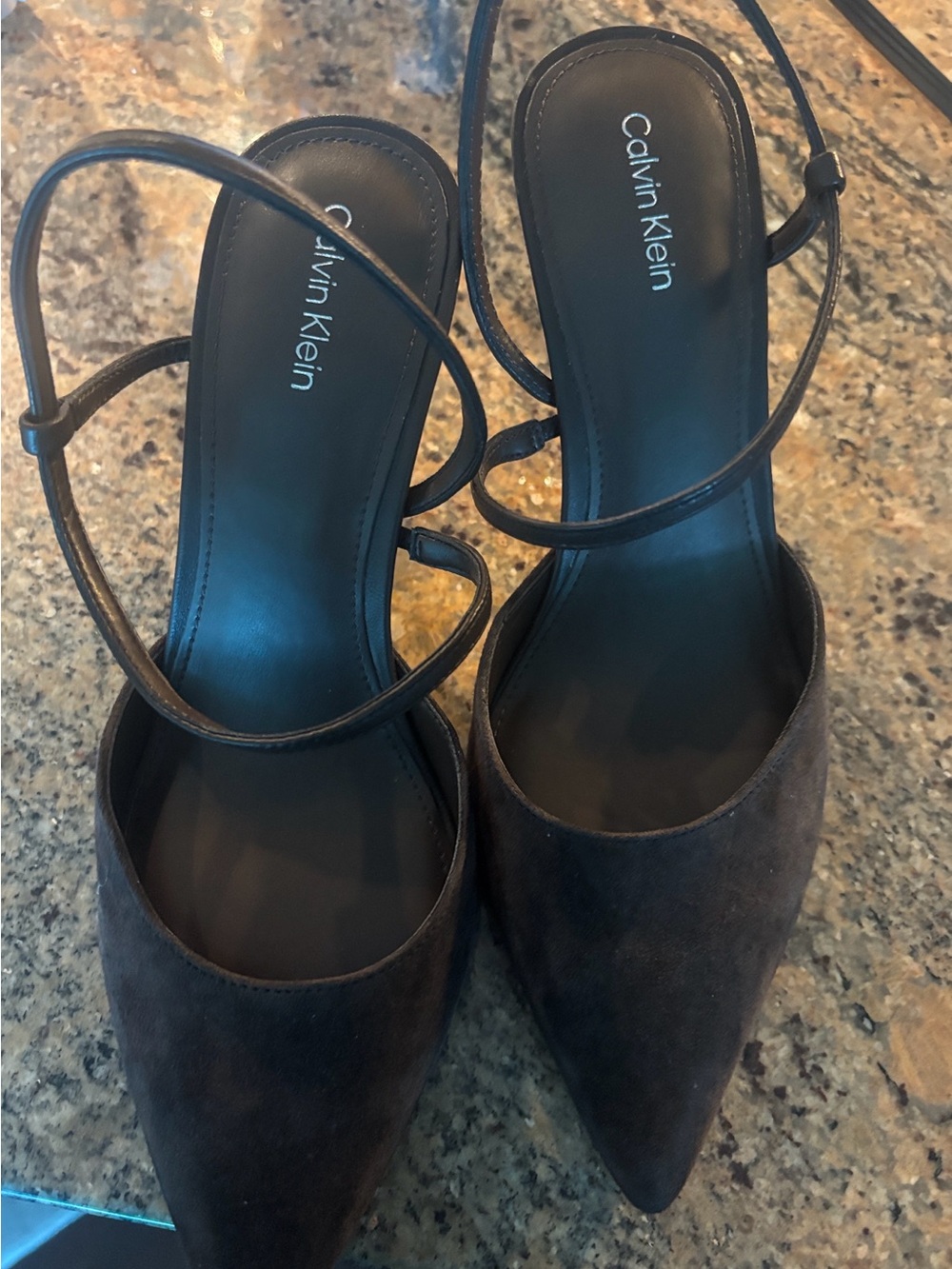 Calvin Klein Brown Suede Pointed Toe Strappy Slingback Heels